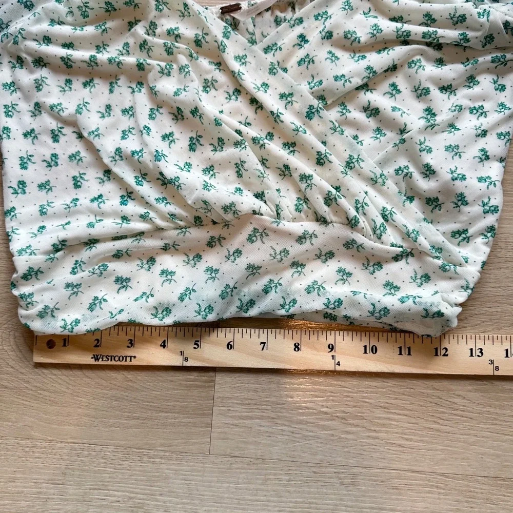 Free People Fia Wrap Top Women Boho Small White Green Floral Mesh Cottagecore